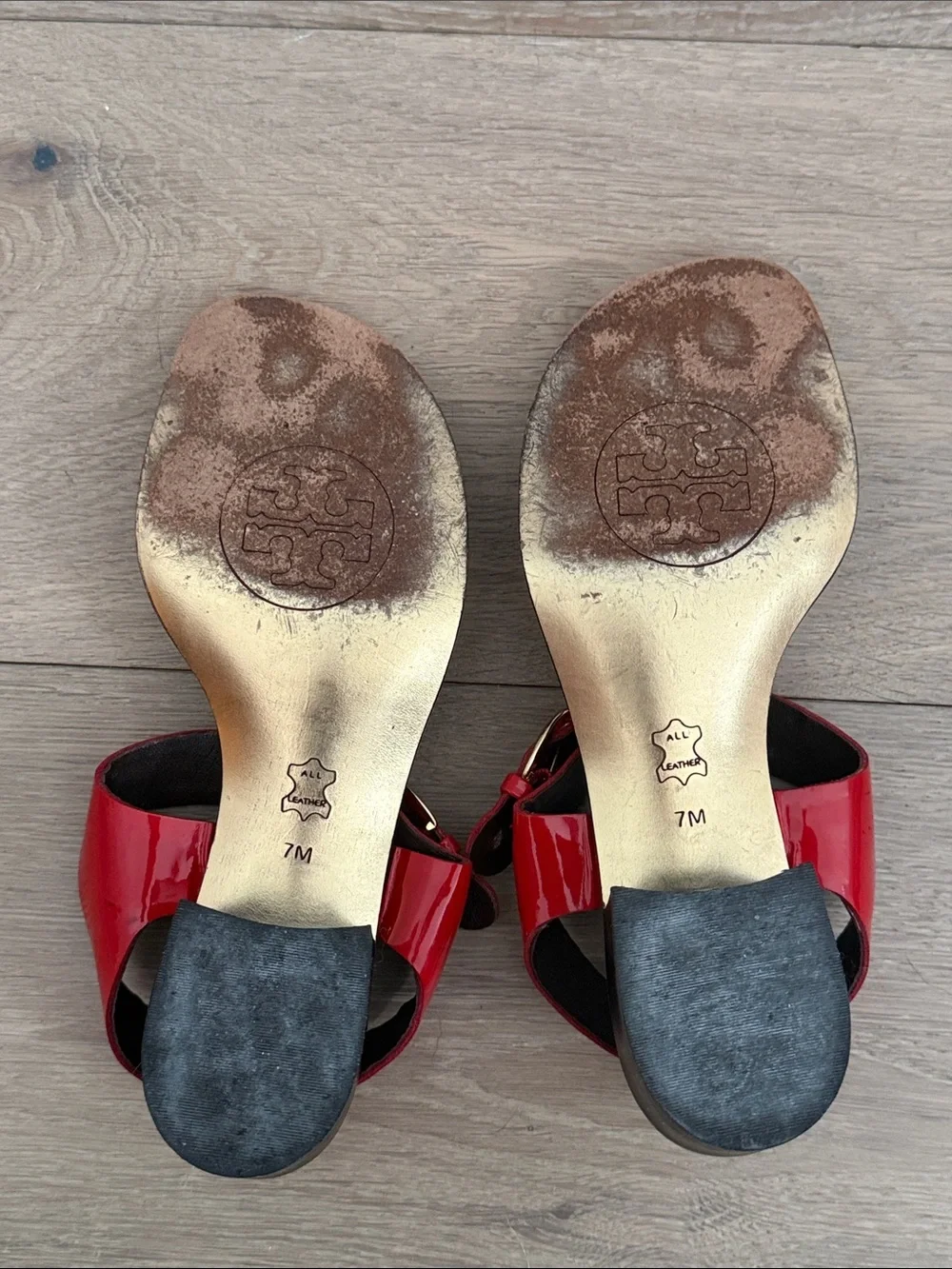 Tory Burch Red Patent Leather T-Strap Sandals with Gold Logo